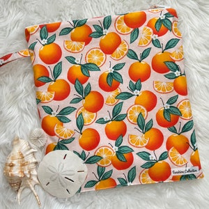 Wet bag- orange blossom pool bag, swim suit bag, waterproof lined zipper bag
