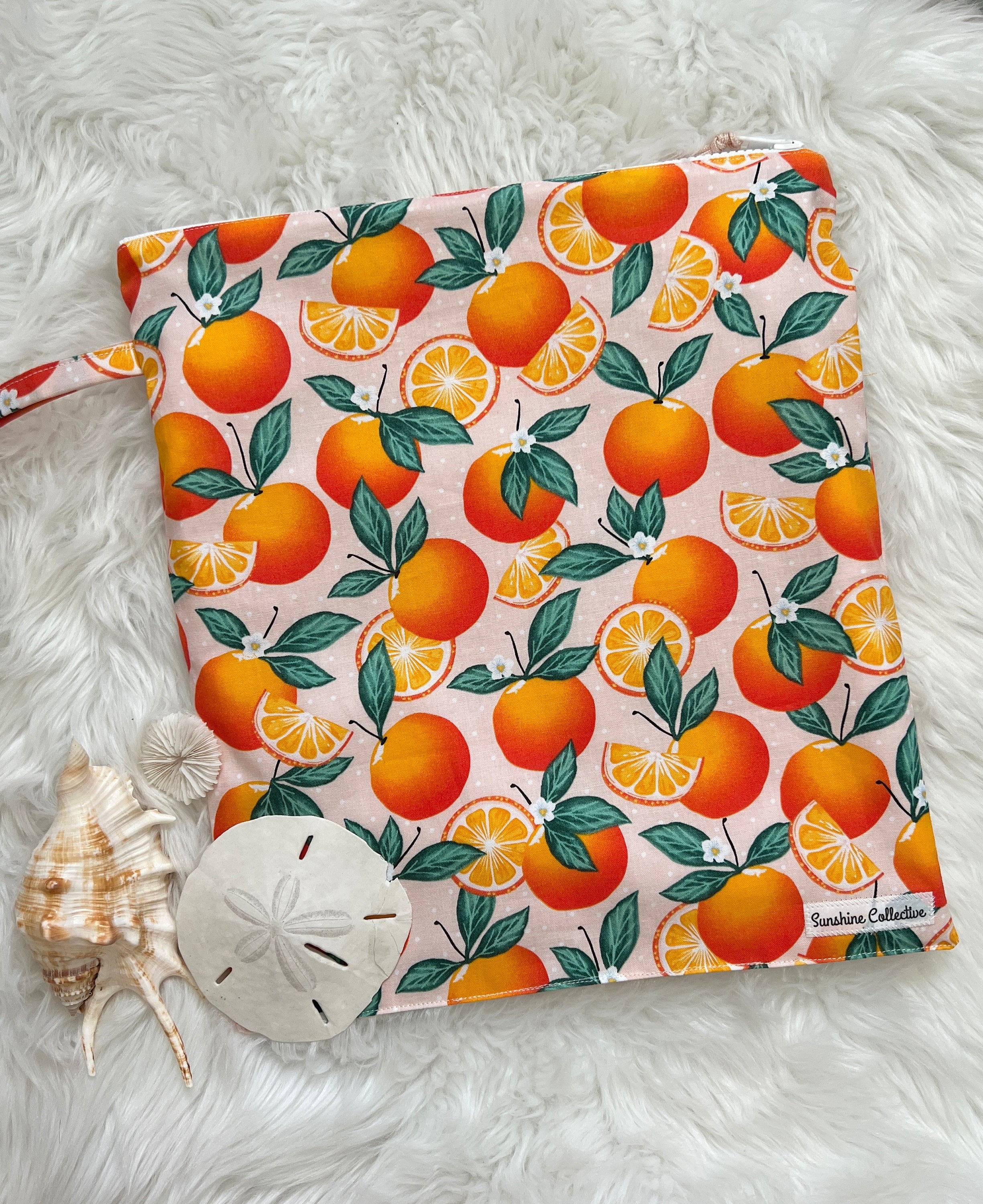 Wet bag- orange blossom pool bag, swim suit bag, waterproof lined zipper bag