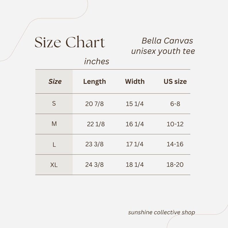 K&ouml;nnte beinhalten: Gr&ouml;&szlig;entabelle f&uuml;r das Bella Canvas Unisex-Jugend-T-Shirt, zeigt die Gr&ouml;&szlig;en S, M, L und XL mit den entsprechenden L&auml;ngen- und Breitenma&szlig;en in Zoll und US-Gr&ouml;&szlig;en.