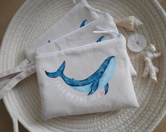 Whale wristlet, free by the sea cute beachy zipper bag, whale zipper bag