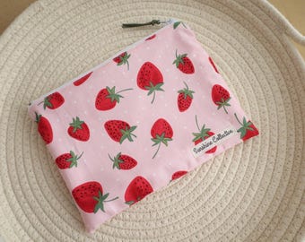 Waterproof lined zipper bag- strawberry zipper pouch, great for make up, essential oils, and toiletries