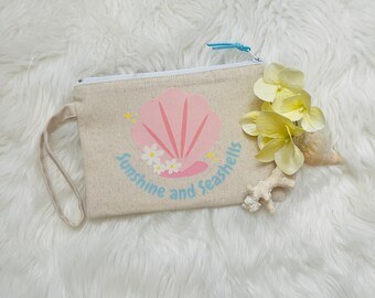 Sunshine and Seashells wristlet, cute beachy zipper bag, seashell purse