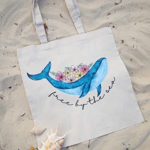 Whale tote bag, &#39;free by the sea&#39; bag, cute whale tote
