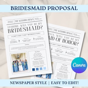 Modelo de jornal para proposta de madrinha de casamento | Modelo de jornal para impressão "Você será minha madrinha de casamento", cartão para madrinha de casamento, modelo Canva