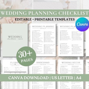 May include: A printable wedding planning checklist with 30+ pages. The checklist includes sections for wedding planning, roles and responsibilities, bridesmaid, wedding decor, and wedding tasks. The checklist is editable and can be downloaded from Canva. The checklist is available in US Letter and A4 sizes.