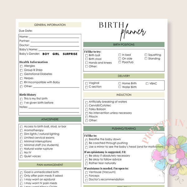 Modèle numérique de plan de naissance - modèle canva modifiable, plan de naissance visuel, plan de naissance naturel, agenda de naissance, liste de contrôle pour le plan de naissance