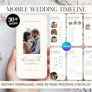 以下が含まれることがあります： 携帯電話の画面に、左上の隅にカップルが写っている写真付きの結婚式タイムラインテンプレートが表示されています。テンプレートには、結婚式週末、ブライズメイドスケジュール、結婚式概要、結婚式スケジュール、会場の詳細、ブライズメイドルックのセクションが含まれています。写真の下には「Kenneth & Samantha」と「February 11, 2025」のテキストが表示されています。画面の下部には「INSTANT DOWNLOAD | FREE 30 PAGE WEDDING CHECKLIST」のテキストが表示されています。