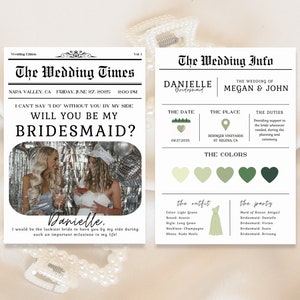 Modelo de cartão de proposta de madrinha de jornal - Modelo Canva, para impressão, cartão de informações para madrinha de casamento, proposta de madrinha de casamento, pacote de design bônus