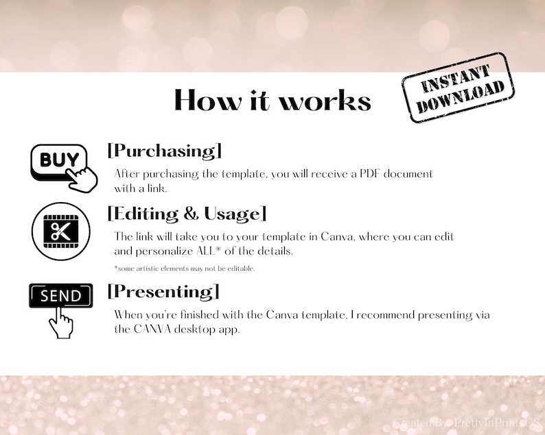 May include: A white graphic detailing the process of using a template, with the heading "How it works". It includes icons and text explaining purchasing, editing, and presenting the template, with an "Instant Download" stamp.