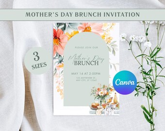 Mother's Day Brunch Invitation Template | Canva Template, Mother's Day, Brunch Invitation, Editable Template, Digital Invite, Afternoon Tea