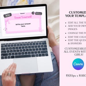 May include: A laptop screen showing a pink template with the words "Treat Yourself" and "Write your answer here." The screen also displays the number "300." The laptop is open on a person's lap. The right side of the image has text that says "Customize Your Template."