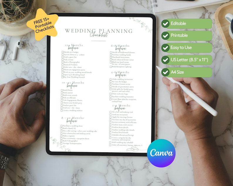 K&ouml;nnte beinhalten: Eine digitale Hochzeitsplanungs-Checkliste auf einem Tablet. Die Checkliste ist minimalistisch gestaltet mit gr&uuml;nen Akzenten und enth&auml;lt eine Liste von Aufgaben, die vor der Hochzeit zu erledigen sind.