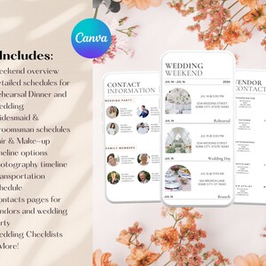K&ouml;nnte beinhalten: Eine Hochzeitsplanungs-Vorlage mit floralem Hintergrund. Die Vorlage enth&auml;lt Abschnitte f&uuml;r Wochenend&uuml;bersichten, Zeitpl&auml;ne, Kontaktinformationen und Checklisten. Das Canva-Logo ist in der oberen linken Ecke sichtbar. Die Vorlage soll bei der Organisation von Hochzeitsdetails helfen.