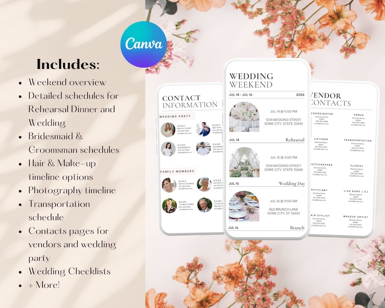 K&ouml;nnte beinhalten: Eine Hochzeitsplanungs-Vorlage mit floralem Hintergrund. Die Vorlage enth&auml;lt Abschnitte f&uuml;r Wochenend&uuml;bersichten, Zeitpl&auml;ne, Kontaktinformationen und Checklisten. Das Canva-Logo ist in der oberen linken Ecke sichtbar. Die Vorlage soll bei der Organisation von Hochzeitsdetails helfen.