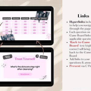 May include: Two black tablets showing a game board with categories including "Treat Yourself" and "Wine Not?" The game board features a skincare question. Text on the right explains hyperlinks and navigation within the game.