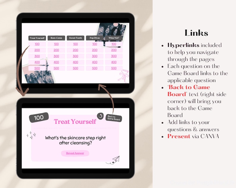 May include: Two black tablets showing a game board with categories including "Treat Yourself" and "Wine Not?" The game board features a skincare question. Text on the right explains hyperlinks and navigation within the game.
