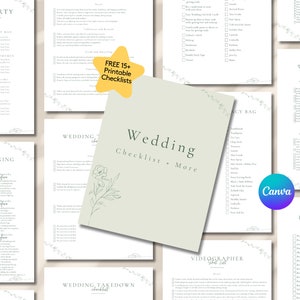 K&ouml;nnte beinhalten: Eine Sammlung druckbarer Hochzeits-Checklisten, darunter eine Hochzeitsplanungs-Checkliste und eine Checkliste f&uuml;r die Brautsuite. Das zentrale Dokument lautet "Wedding Checklist + More" mit floralen Akzenten. Ein gelber Stern sagt "FREE 15+ Printable Checklists".