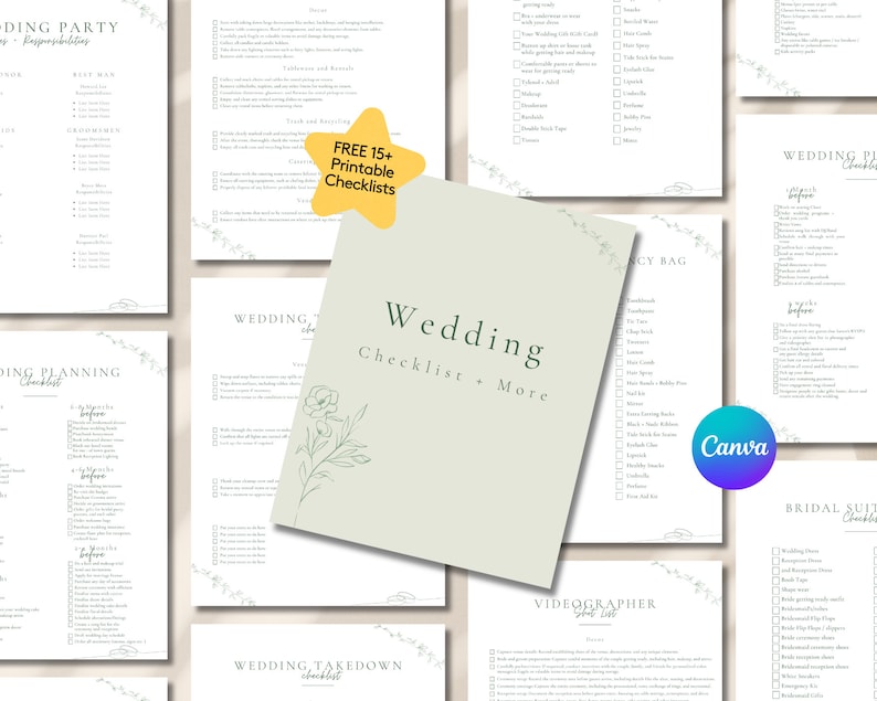 K&ouml;nnte beinhalten: Eine Sammlung druckbarer Hochzeits-Checklisten, darunter eine Hochzeitsplanungs-Checkliste und eine Checkliste f&uuml;r die Brautsuite. Das zentrale Dokument lautet "Wedding Checklist + More" mit floralen Akzenten. Ein gelber Stern sagt "FREE 15+ Printable Checklists".