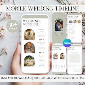 以下が含まれることがあります： 緑色の背景に結婚式の日程が表示された携帯電話の画面。タイムラインには、リハーサル、結婚式の日、ブランチのセクションが含まれています。電話は手で持たれています。画像の左上隅に「30+ PAGES」というテキストが表示されています。画像の下部に「INSTANT DOWNLOAD | FREE 30 PAGE WEDDING CHECKLIST」というテキストが表示されています。