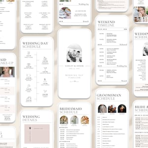 K&ouml;nnte beinhalten: Eine Sammlung von Hochzeitsplanungs-Vorlagen auf wei&szlig;em Hintergrund. Die Vorlagen umfassen Zeitpl&auml;ne f&uuml;r den Hochzeitstag, den Wochenend-Zeitplan, Frisuren und Make-up der Brautjungfern sowie Details der Hochzeitsgesellschaft. Der Text enth&auml;lt die Namen Ashley & Derek und das Datum 15. Juli 2026.