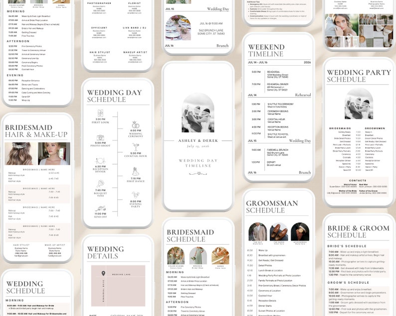 K&ouml;nnte beinhalten: Eine Sammlung von Hochzeitsplanungs-Vorlagen auf wei&szlig;em Hintergrund. Die Vorlagen umfassen Zeitpl&auml;ne f&uuml;r den Hochzeitstag, den Wochenend-Zeitplan, Frisuren und Make-up der Brautjungfern sowie Details der Hochzeitsgesellschaft. Der Text enth&auml;lt die Namen Ashley & Derek und das Datum 15. Juli 2026.