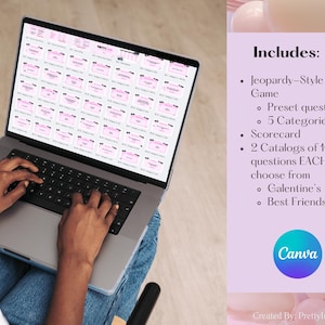 May include: A laptop screen showing a pink trivia game template. The screen displays a Jeopardy-style trivia game with preset questions, categories, and a scorecard. The image includes the text "Includes: Jeopardy-Style Trivia Game".