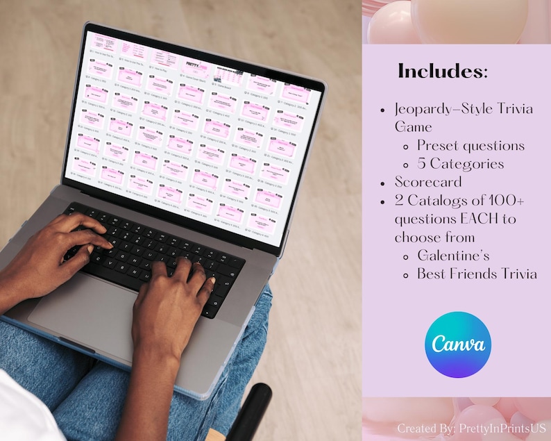 May include: A laptop screen showing a pink trivia game template. The screen displays a Jeopardy-style trivia game with preset questions, categories, and a scorecard. The image includes the text "Includes: Jeopardy-Style Trivia Game".