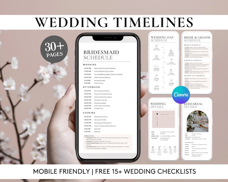 K&ouml;nnte beinhalten: Ein Smartphone zeigt Vorlagen f&uuml;r Hochzeitsplanungen, darunter einen Zeitplan f&uuml;r Brautjungfern und einen Zeitplan f&uuml;r den Hochzeitstag. Der Text "WEDDING TIMELINES" und "MOBILE FRIENDLY | FREE 15+ WEDDING CHECKLISTS" ist ebenfalls zu sehen.