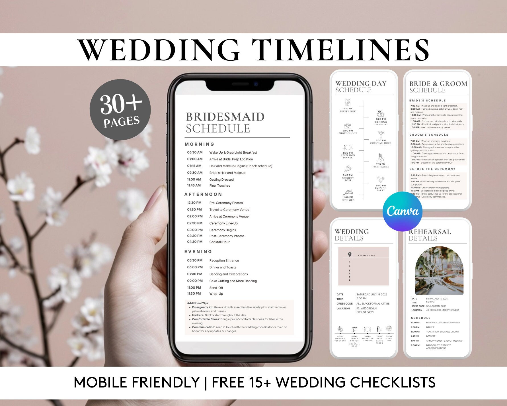 Minimalist Wedding Timeline Template | Mobile Wedding Planner Template, Wedding Itinerary, Wedding Weekend, Bride Bonus Bundle Checklists