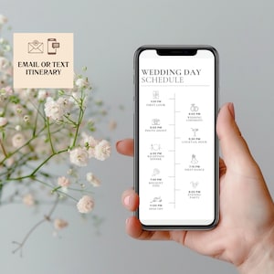 K&ouml;nnte beinhalten: Ein Smartphone zeigt einen Hochzeitsplan mit Symbolen und Zeiten. Der Bildschirm zeigt "WEDDING DAY SCHEDULE" und Veranstaltungsdetails wie "First Look", "Photo Shoot" und "Reception Dinner". Das Telefon wird in einer Hand gehalten, mit Blumen im Hintergrund.