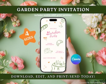 Garden Party Invite | Canva Template, Hand Drawn Garden Party Invitation, Dinner Party Template, Girls Party Invite, Hand Doodle Invitation