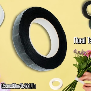 May include: Black floral tape rolls, 0.47 inches wide and 1.1 inches in diameter, are displayed with a bouquet of flowers. The image also shows white floral tape and the text "Floral Tape".