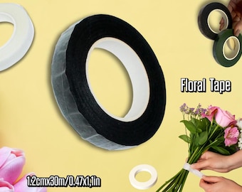 May include: Black floral tape rolls, 0.47 inches wide and 1.1 inches in diameter, are displayed with a bouquet of flowers. The image also shows white floral tape and the text "Floral Tape".