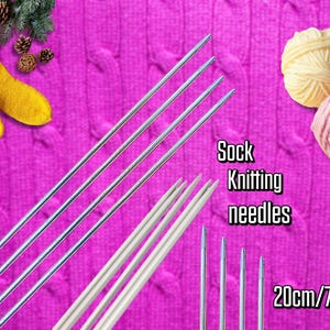 May include: A collection of sock knitting needles, including metal and wooden sets, with yarn balls in yellow, blue, and pink. The text reads "Sock Knitting needles" and "20cm/7.8in". Yellow socks with red and green accents are also present.