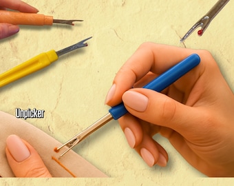 May include: An image of several seam rippers with colored handles. One is being used to remove stitches from fabric. The handles are blue, yellow, and orange. The text "Unpicker" is visible in the image.
