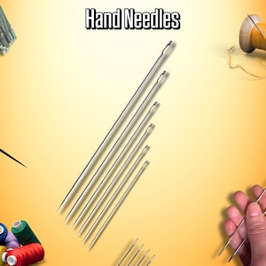 Puede incluir: Una variedad de agujas de mano de varios tamaños, exhibidas sobre un fondo degradado amarillo y naranja. La imagen incluye carretes de hilo de múltiples colores, una aguja enhebrada y el texto "Hand Needles".