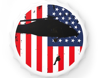 Abrebotellas con silueta de helicóptero Black Hawk de evacuación médica / Fondo con la bandera estadounidense / Regalos de aviación / Regalo para pilotos del ejército