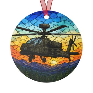 AH-64 Apache Helicopter Sunset Metal Ornament | Mountain Lake Sunrise Aviation Decoration, Printed Stain Glass look