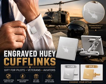 UH-1 Huey Silhouette Engraved Cufflinks | Square Silver or Gold Helicopter Pilot Cufflinks, Veteran Gift, Air Force