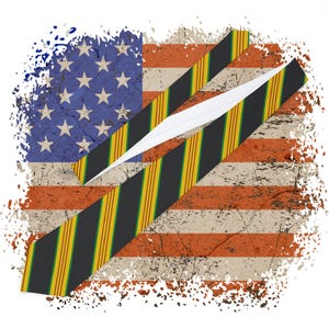 May include: A black and yellow striped tie with green and red stripes, partially covering a distressed American flag.