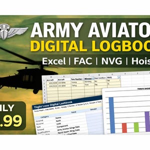 Cyfrowy dziennik pilota armii w formacie Excel | Dziennik lotu DA 759 | Śledzenie waluty NVG i podnośników | Dziennik pilota uh-60, ah-64, ch-47 | Śledzenie Fac 1 2 3