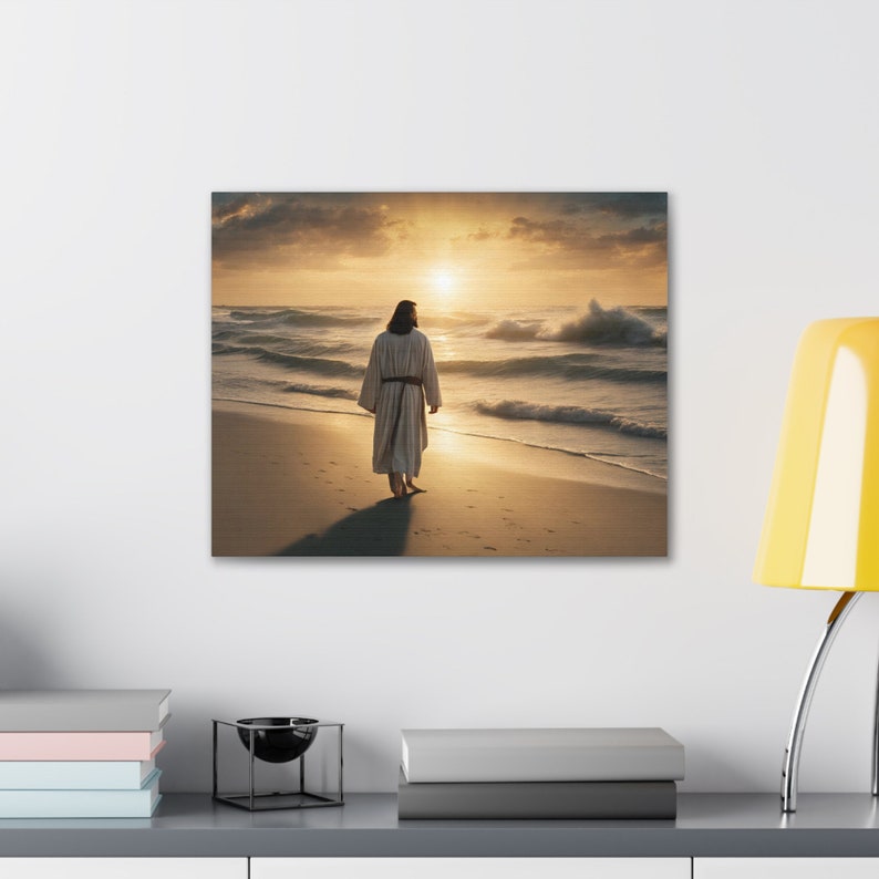 Jesus Walking on Beach Sunset Canvas Print Bible Wall Art Gift Trendy