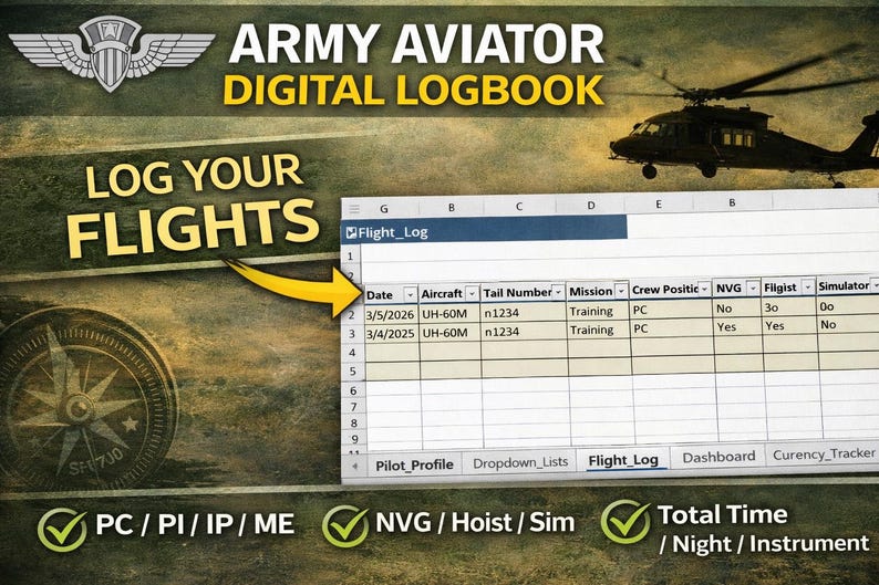Army Aviator Digital Logbook Excel | DA 759 Flight Log | NVG & Hoist ...