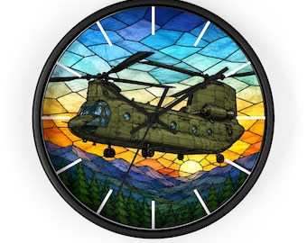 Chinook Helicopter Stained Glass Wall Clock | Military Aviation Decor, Helicopter Pilot Gift