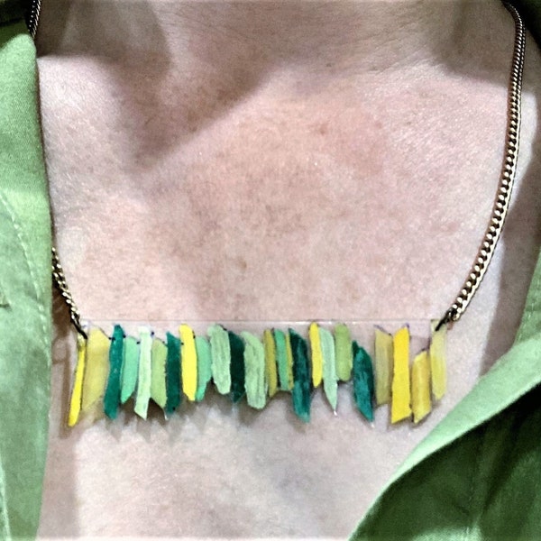 Necklace, upcycled, green, plastic