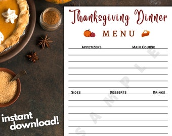 Thanksgiving Dinner Menu Printable Template, Thanksgiving Dinner, Printable, Instant Download, Dinner Menu