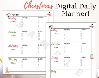 May include: Printable Christmas digital daily planner with a white background and green and red illustrations of a snowman, a reindeer, a Christmas tree, and a gift box. The planner includes sections for Monday, Tuesday, Wednesday, Thursday, Friday, Saturday, and Sunday. Each day has sections for notes, priority, and to do.