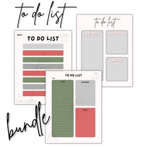 May include: Three printable to-do list templates with a Christmas theme. The templates feature a green, red, and gray color scheme with illustrations of a Christmas tree, ornaments, bells, and a sleigh.