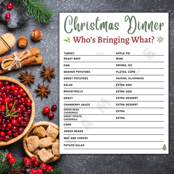 Who's Bringing What To Christmas Dinner Printable Template, Instant Download, Christmas, Printable, Christmas Dinner