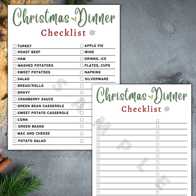 Christmas Dinner Checklist Printable Template, Instant Download